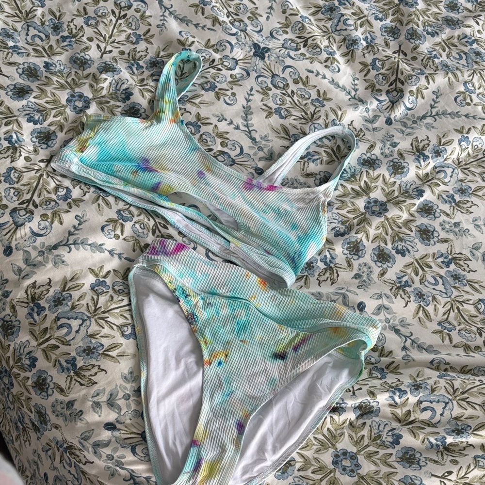 Womens Aqua Tie-Dye Ribbed One-Piece Bikini Set